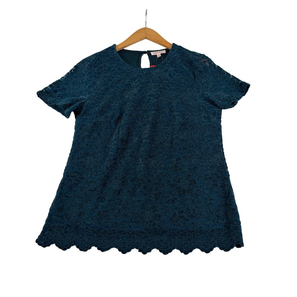 Teddi Rose Womens Teal Blu Floral Lace Short Sleeve Scalloped Hem Top Size M NEW